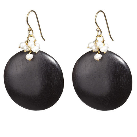 Handmade Black Ebony wood & Sweet Water Pearls Earrings